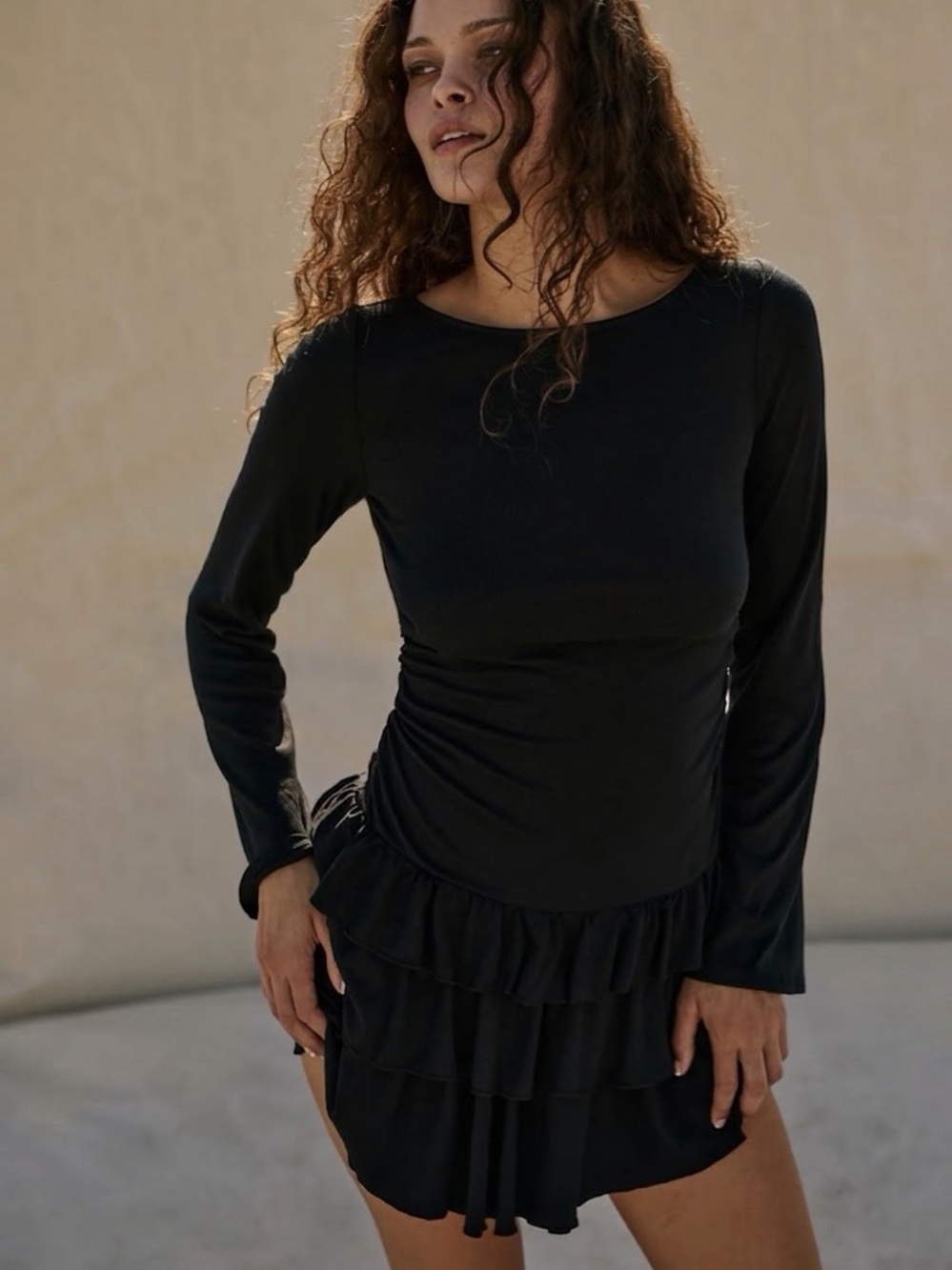 Free People Black Good Feels Ruffle Long-Sleeve Mini Dress - NEW